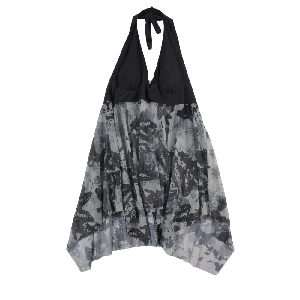 Butterfly Print Halter Handkerchief Hem Top Black Grey Mesh Overlay Plus 5XL